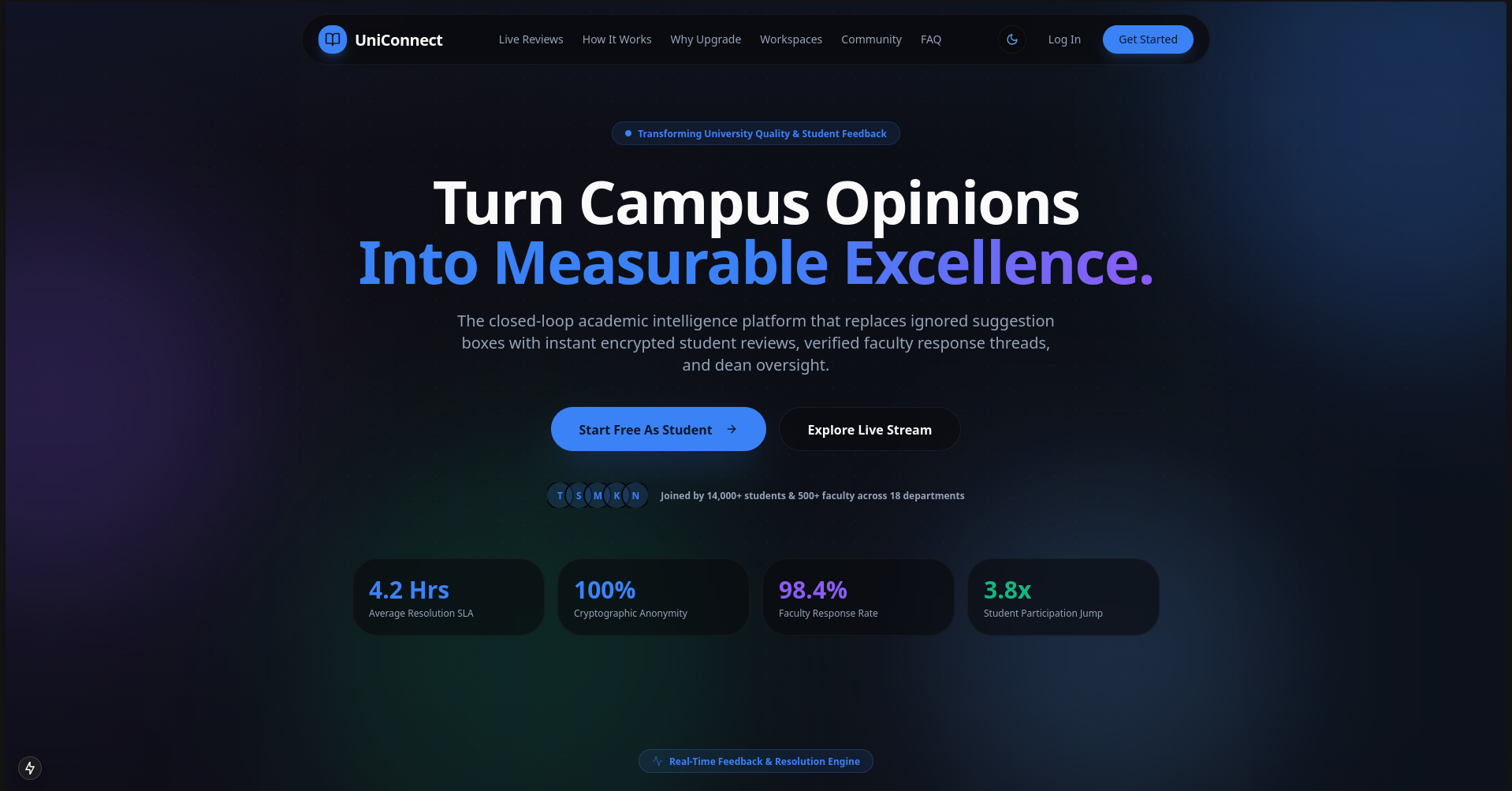 UniConnect Platform Landing Page & Navigation